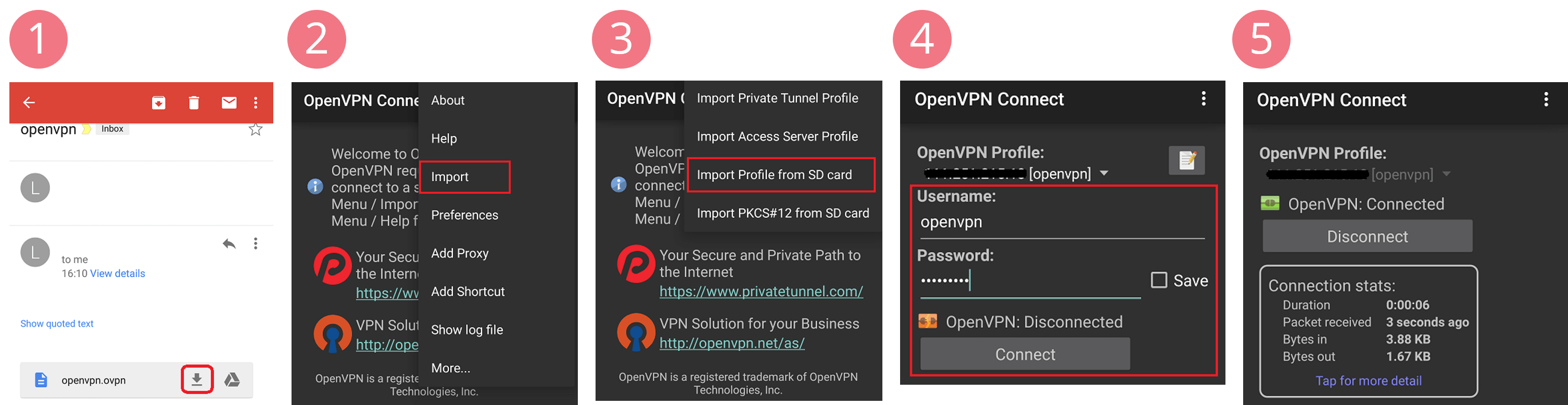 screenshots of Android OpenVPN connect